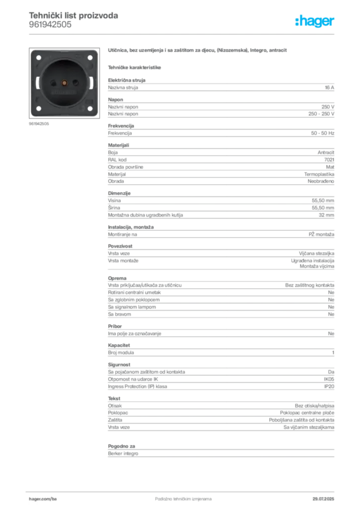 Slika Hager Product data sheet 961942505  | Hager
