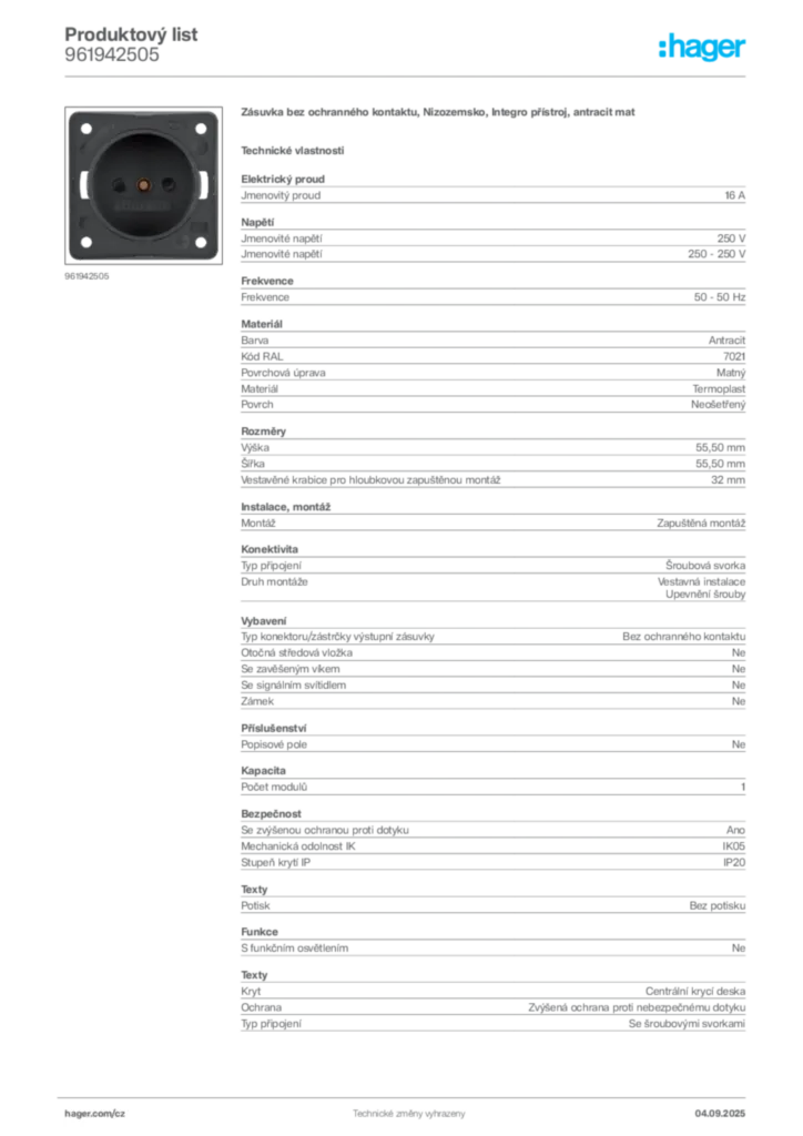 Obrázek Hager Produktový list 961942505 | Hager