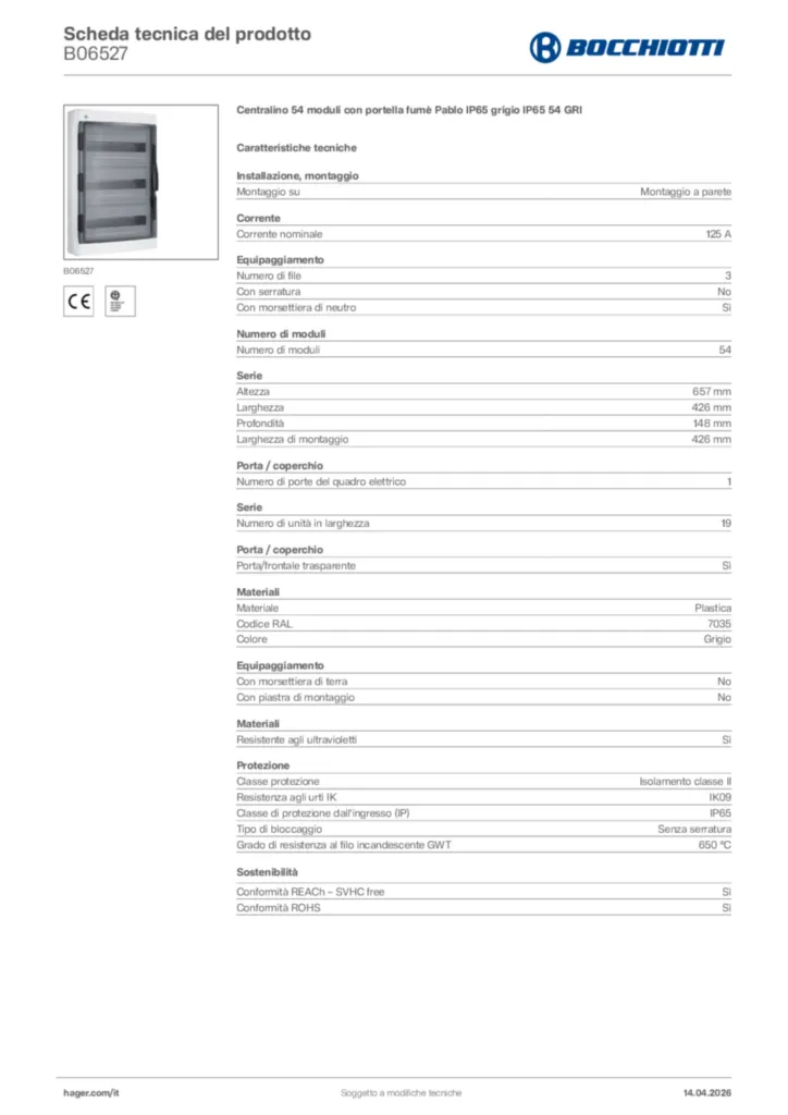 Immagine Bocchiotti Scheda tecnica del prodotto B06527 | Hager Italia