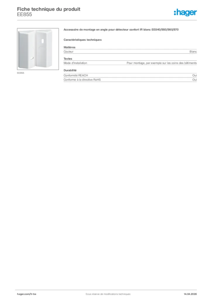 Image Hager Fiche technique du produit EE855 | Hager Belgique