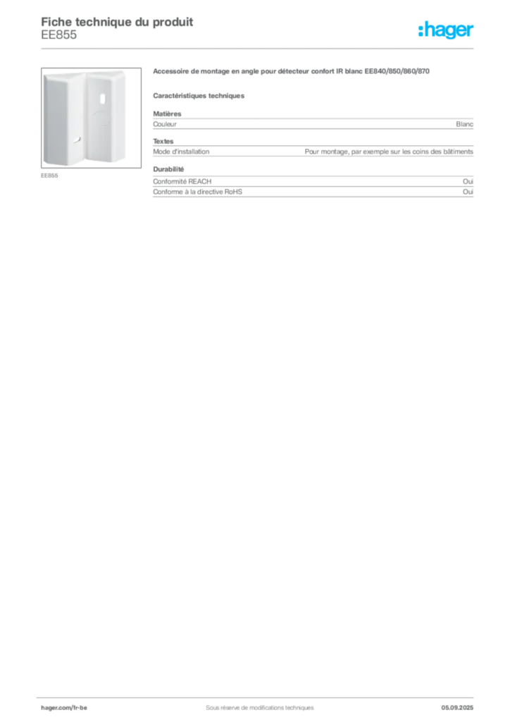 Image Hager Fiche technique du produit EE855 | Hager Belgique