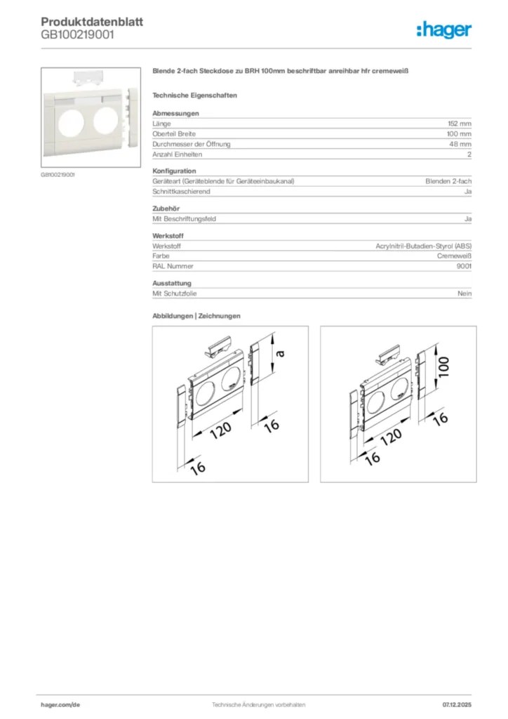 Bild Hager Produktdatenblatt GB100219001 | Hager Deutschland