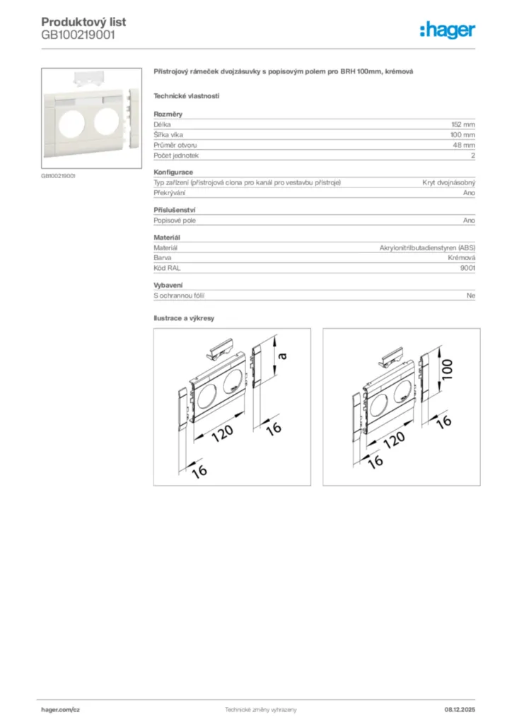 Obrázek Hager Product data sheet GB100219001 | Hager