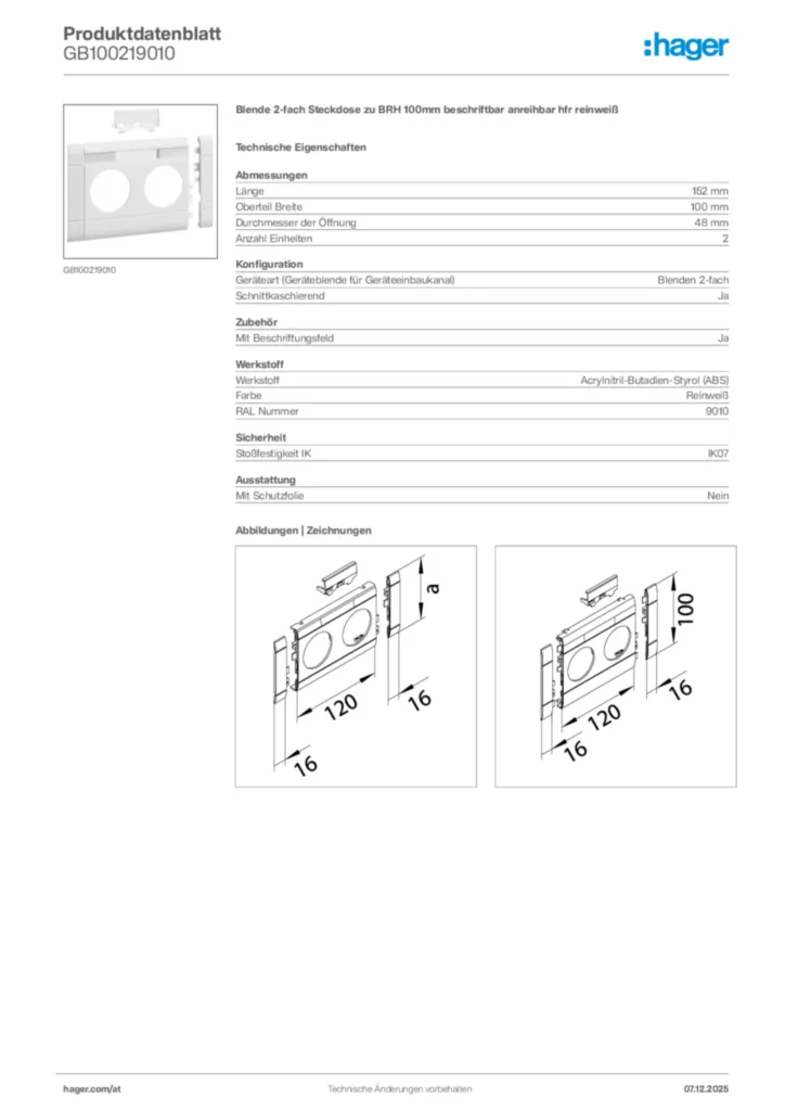 Bild Hager Produktdatenblatt GB100219010 | Hager Deutschland