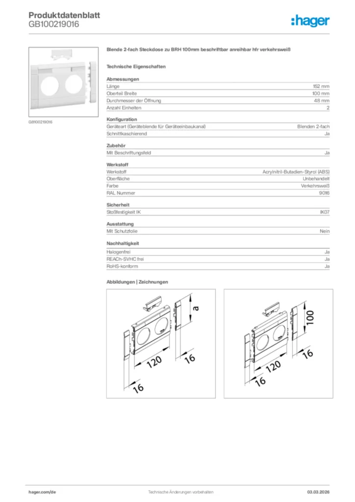 Bild Hager Produktdatenblatt GB100219016 | Hager Deutschland