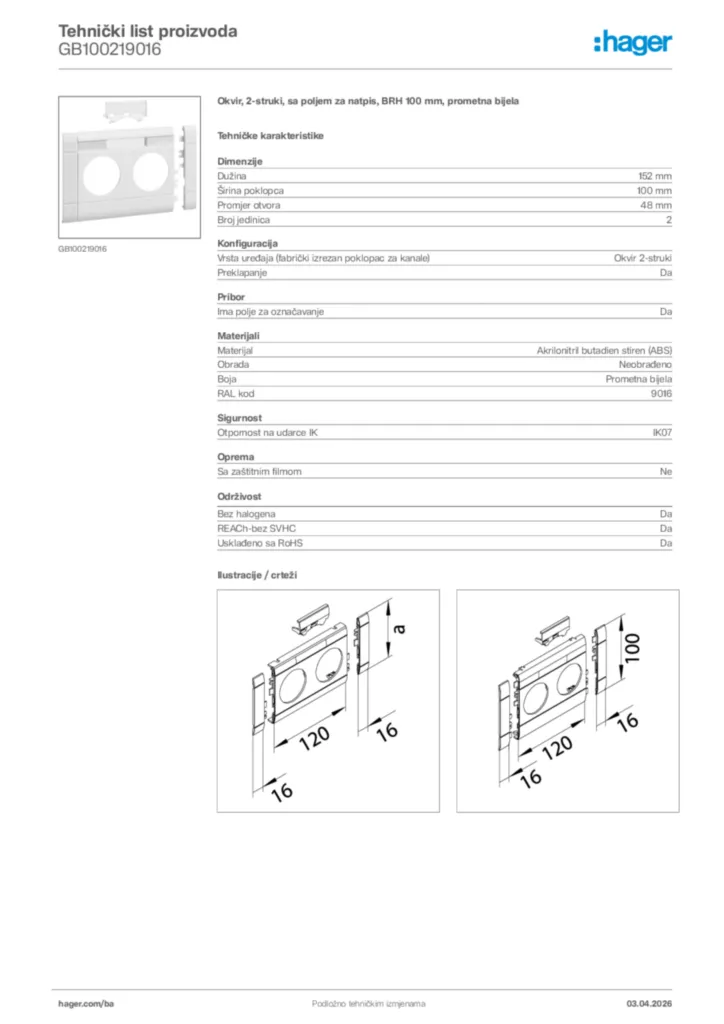 Slika Hager Tehnički list proizvoda GB100219016  | Hager