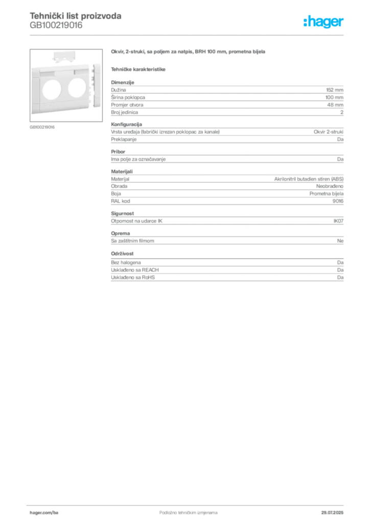 Slika Hager Product data sheet GB100219016  | Hager