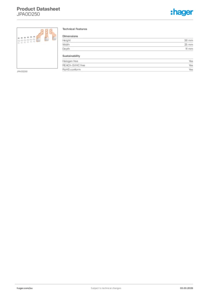 Image Hager Product data sheet JPA0D250  | Hager Australia