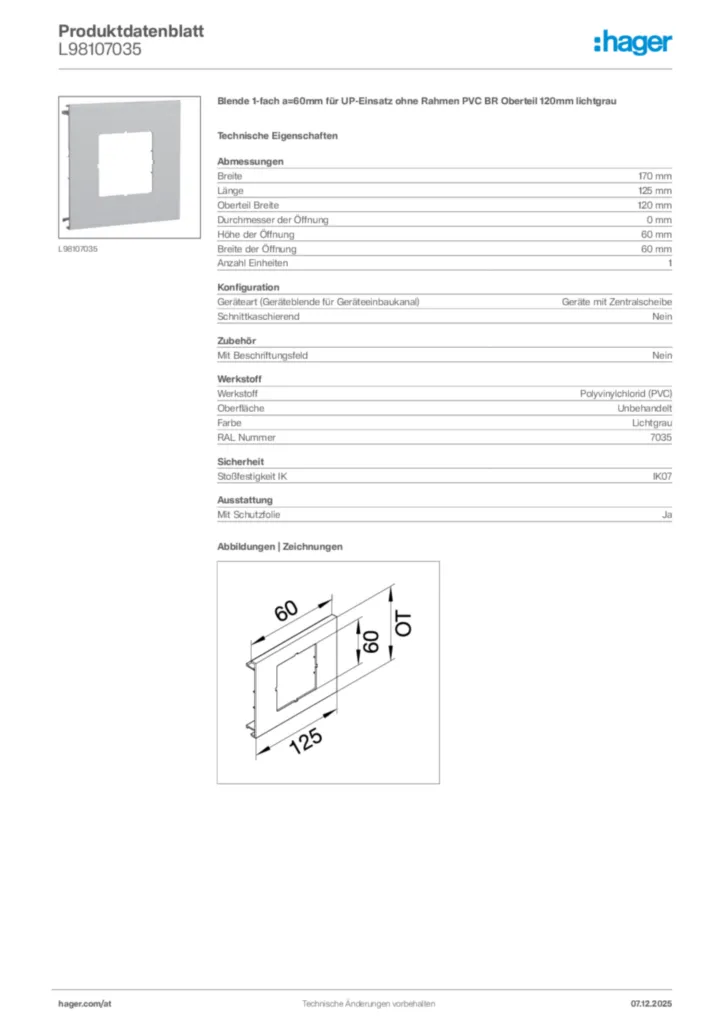 Bild Hager Produktdatenblatt L98107035 | Hager Deutschland