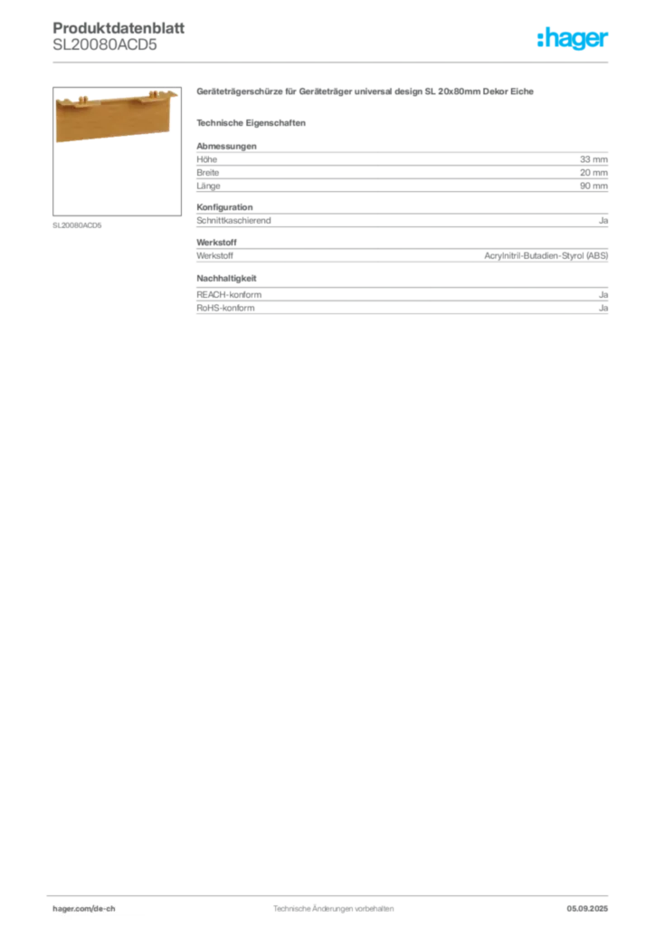 Bild Hager Produktdatenblatt SL20080ACD5 | Hager Schweiz