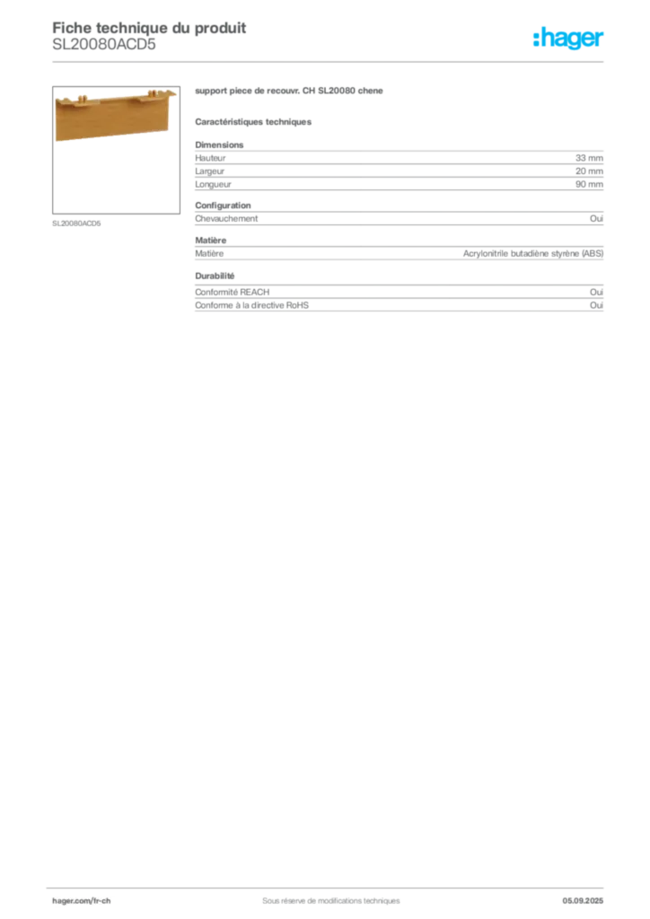 Image Hager Fiche technique du produit SL20080ACD5 | Hager Suisse