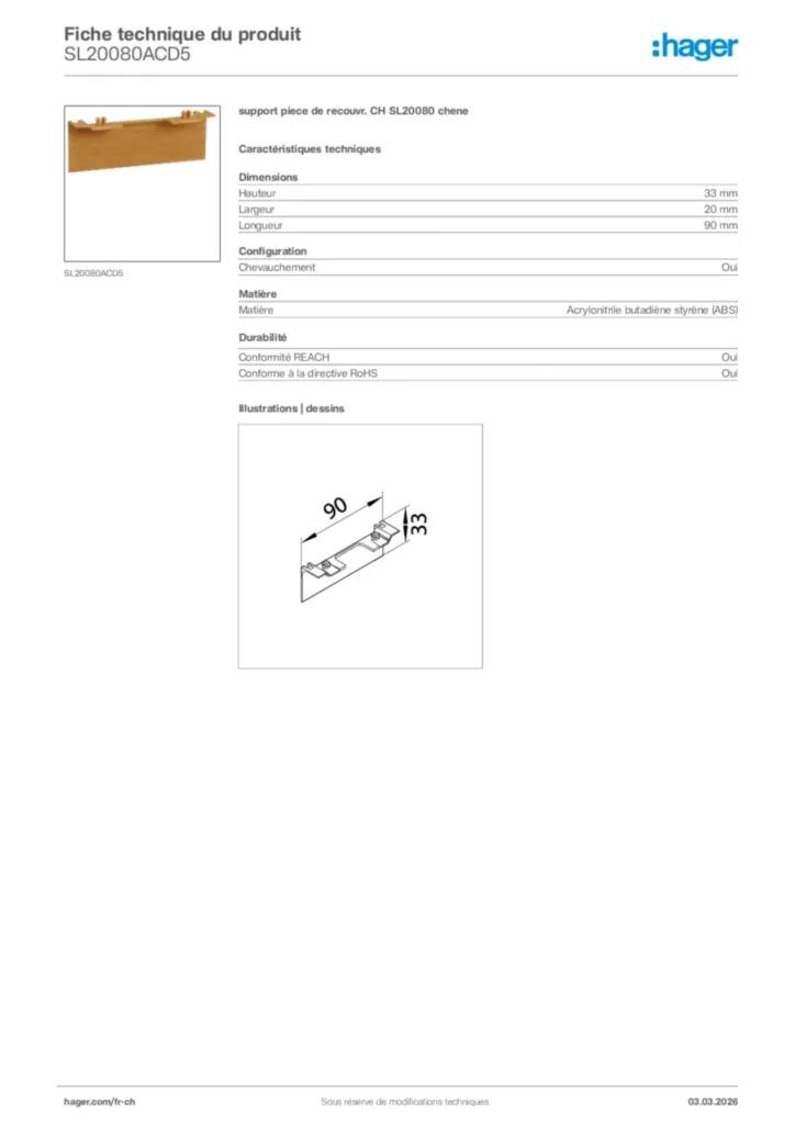Image Hager Fiche technique du produit SL20080ACD5 | Hager Suisse