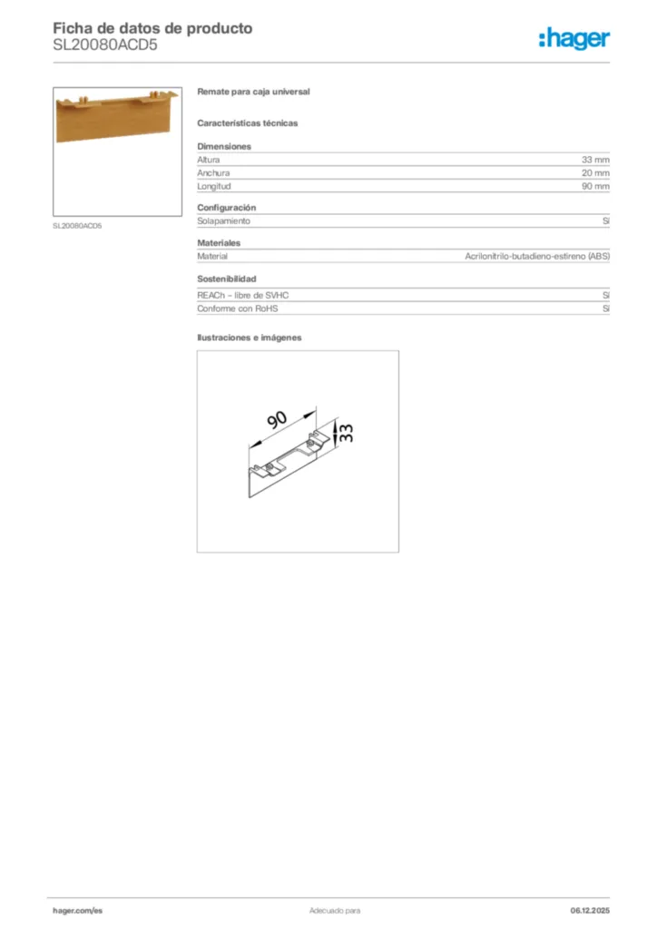 Imagen Hager Ficha de datos de producto SL20080ACD5 | Hager España