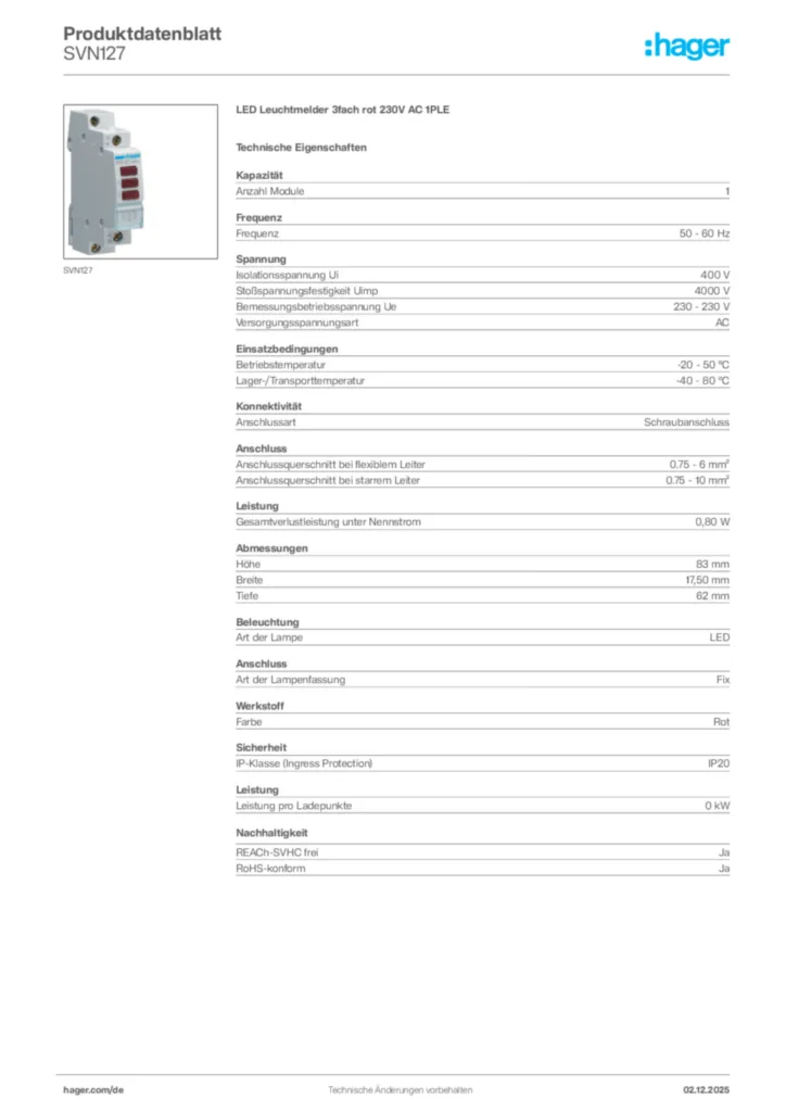 Bild Hager Produktdatenblatt SVN127 | Hager Deutschland
