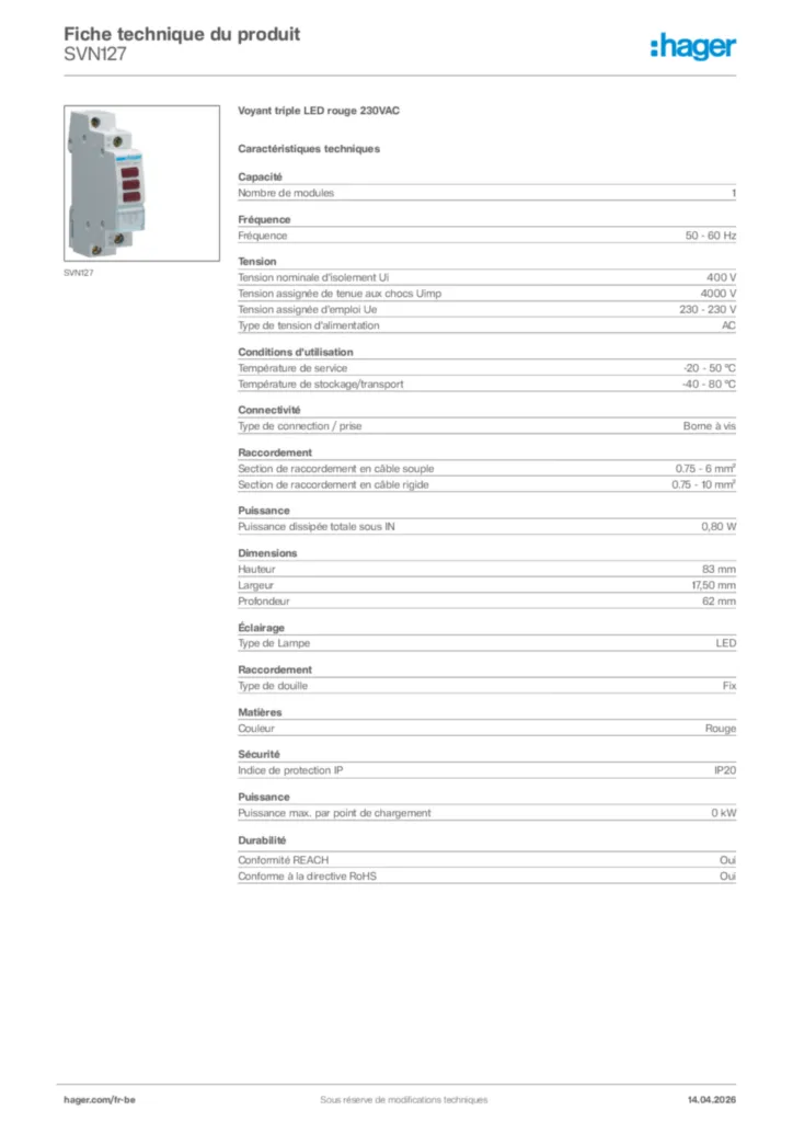 Image Hager Fiche technique du produit SVN127 | Hager Belgique