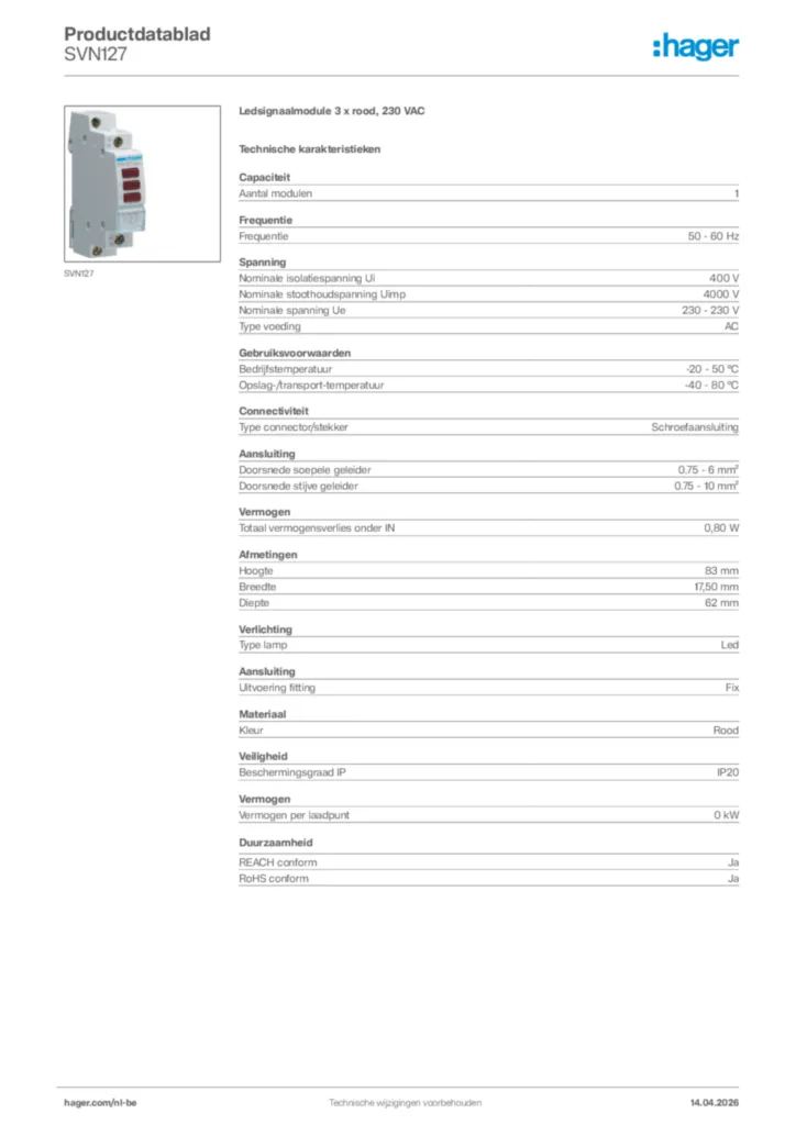 Afbeelding Hager Productdatablad SVN127 | Hager Belgium