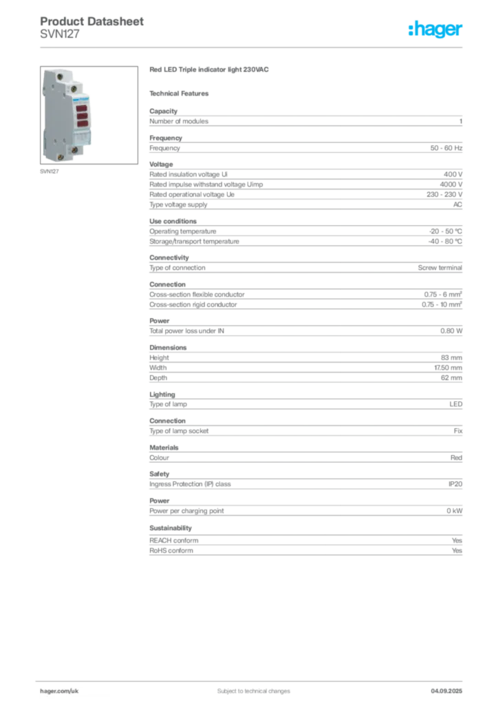 Image Hager Product data sheet SVN127  | Hager
