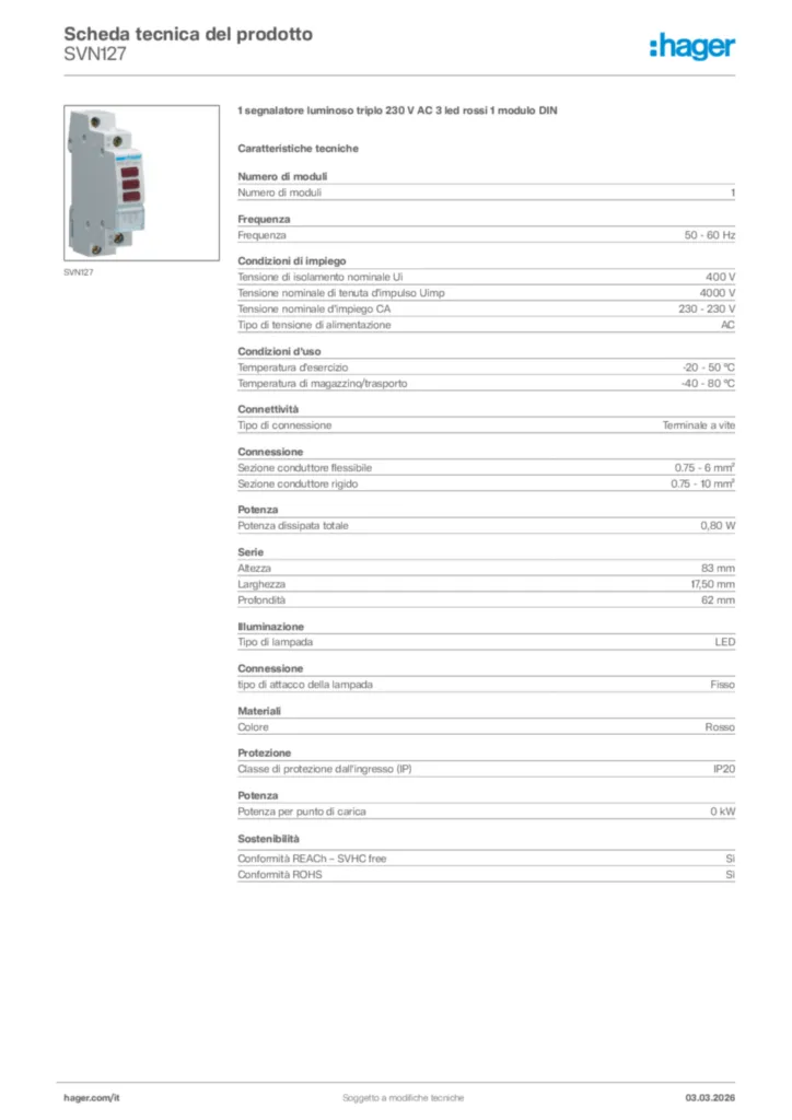 Immagine Hager Scheda tecnica del prodotto SVN127 | Hager Italia