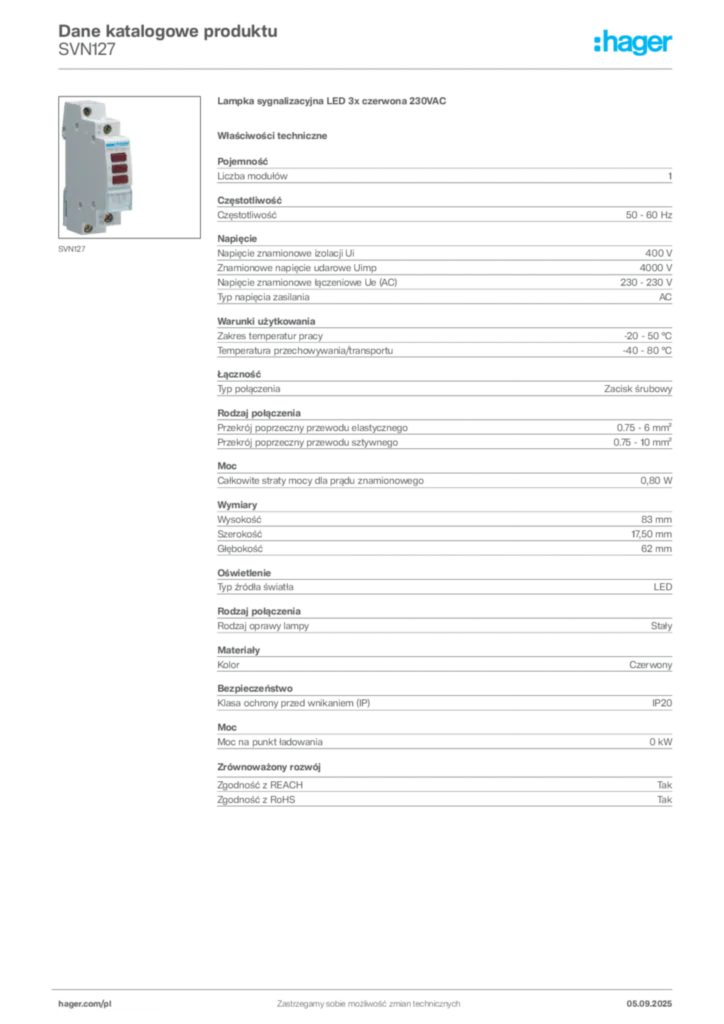 Zdjęcie Hager Dane katalogowe produktu SVN127 | Hager Polska