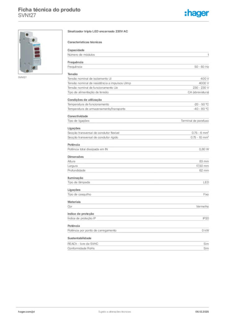 Imagem Hager Ficha técnica do produto SVN127 | Hager Portugal