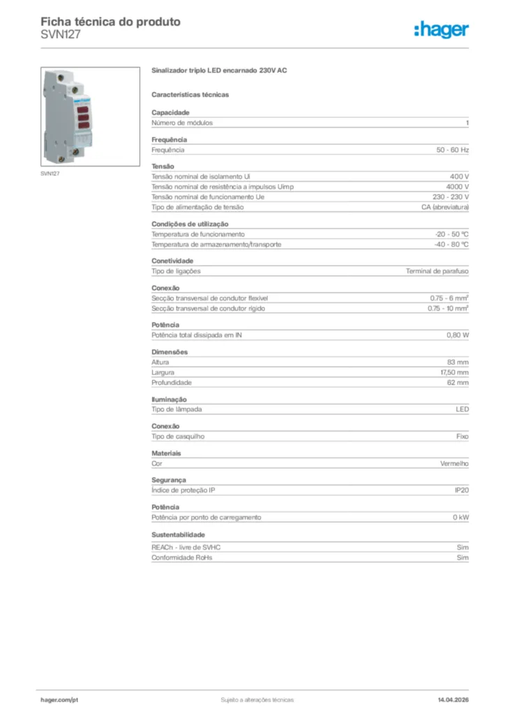 Imagem Hager Ficha técnica do produto SVN127 | Hager Portugal
