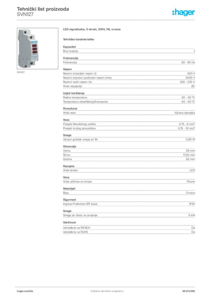 Slika Hager Product data sheet SVN127  | Hager