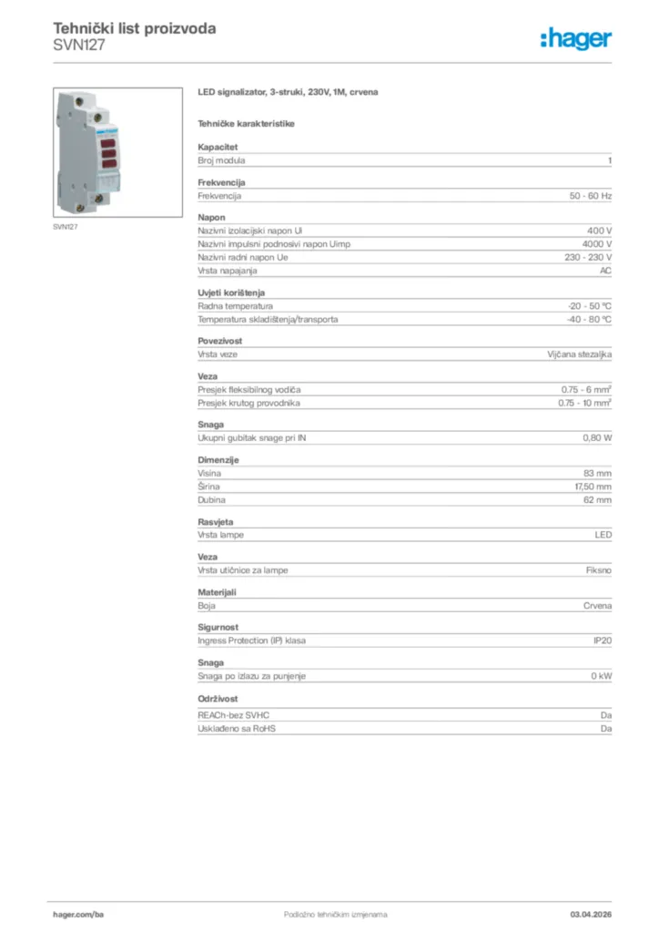 Slika Hager Tehnički list proizvoda SVN127  | Hager