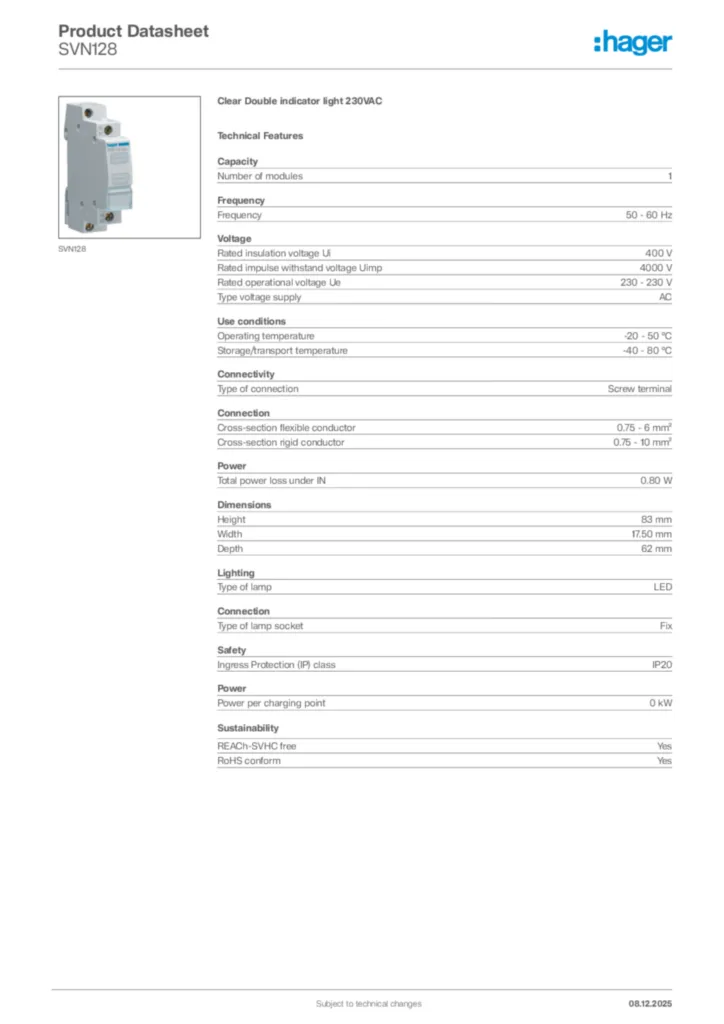 Image Hager Product data sheet SVN128  | Hager Africa