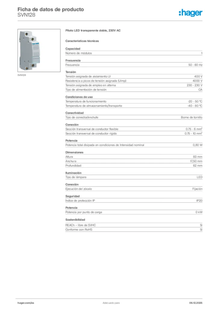 Imagen Hager Ficha de datos de producto SVN128 | Hager España