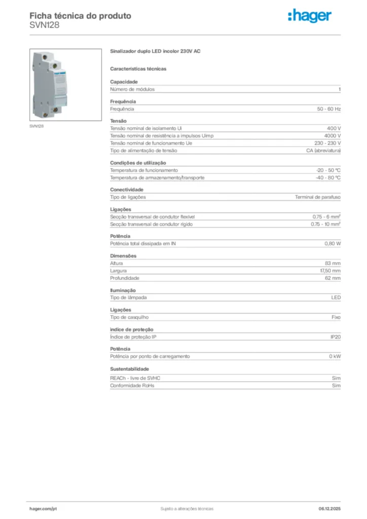 Imagem Hager Ficha técnica do produto SVN128 | Hager Portugal