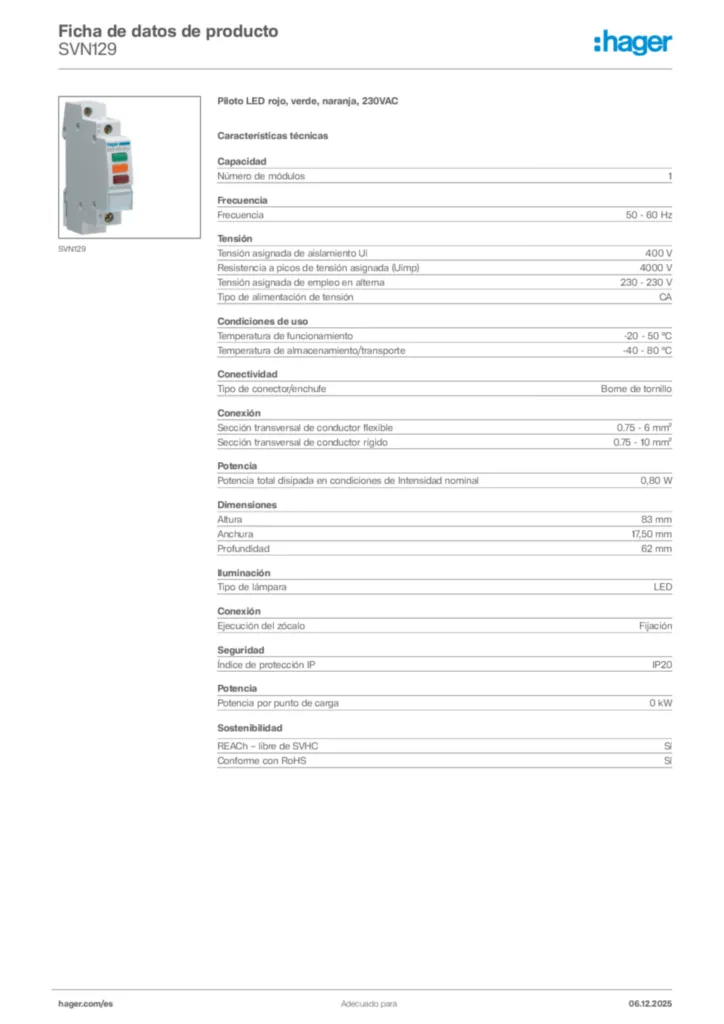 Imagen Hager Ficha de datos de producto SVN129 | Hager España