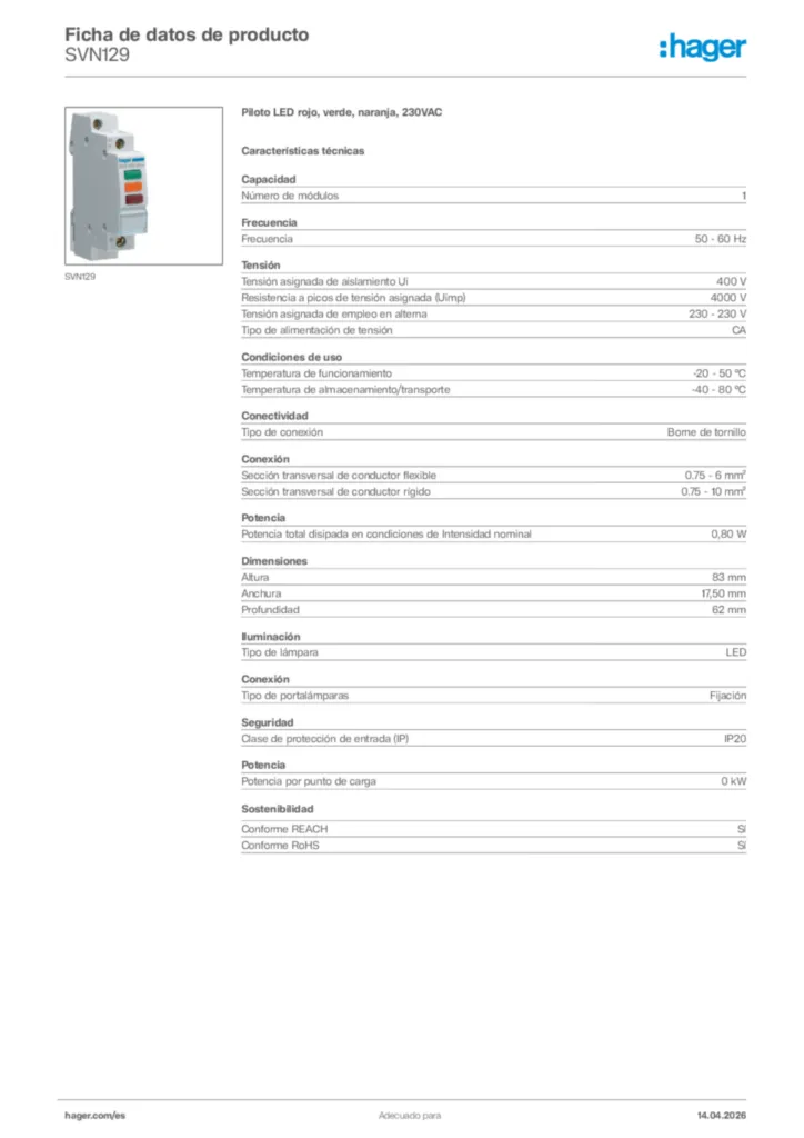 Imagen Hager Ficha de datos de producto SVN129 | Hager España