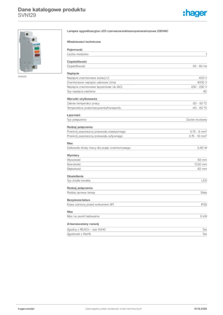Zdjęcie Hager Karta katalogowa SVN129 | Hager Polska