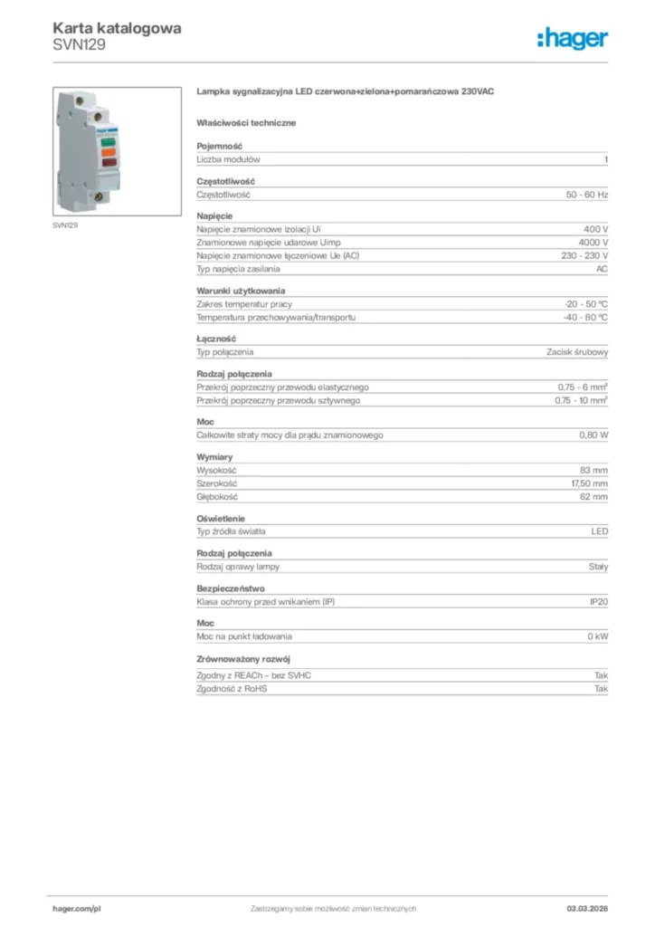 Zdjęcie Hager Karta katalogowa SVN129 | Hager Polska