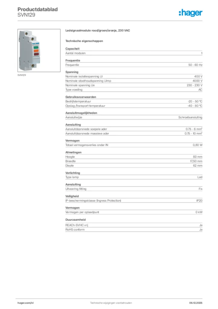 Afbeelding Hager Productdatablad SVN129 | Hager Nederland
