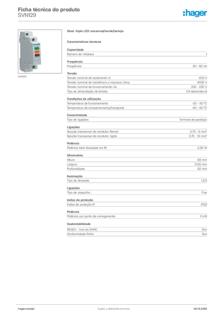 Imagem Hager Ficha técnica do produto SVN129 | Hager Portugal