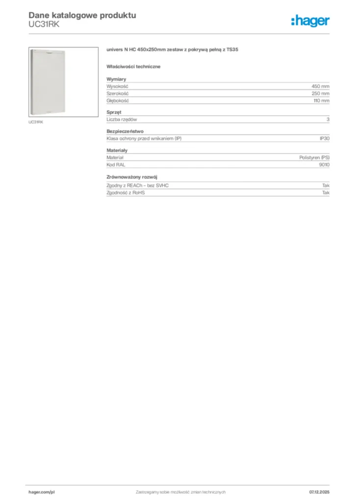 Zdjęcie Hager Karta katalogowa UC31RK | Hager Polska