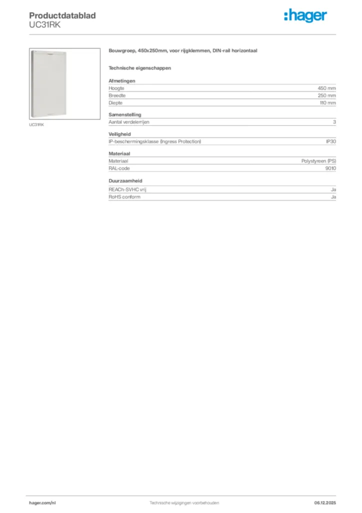 Afbeelding Hager Productdatablad UC31RK | Hager Nederland