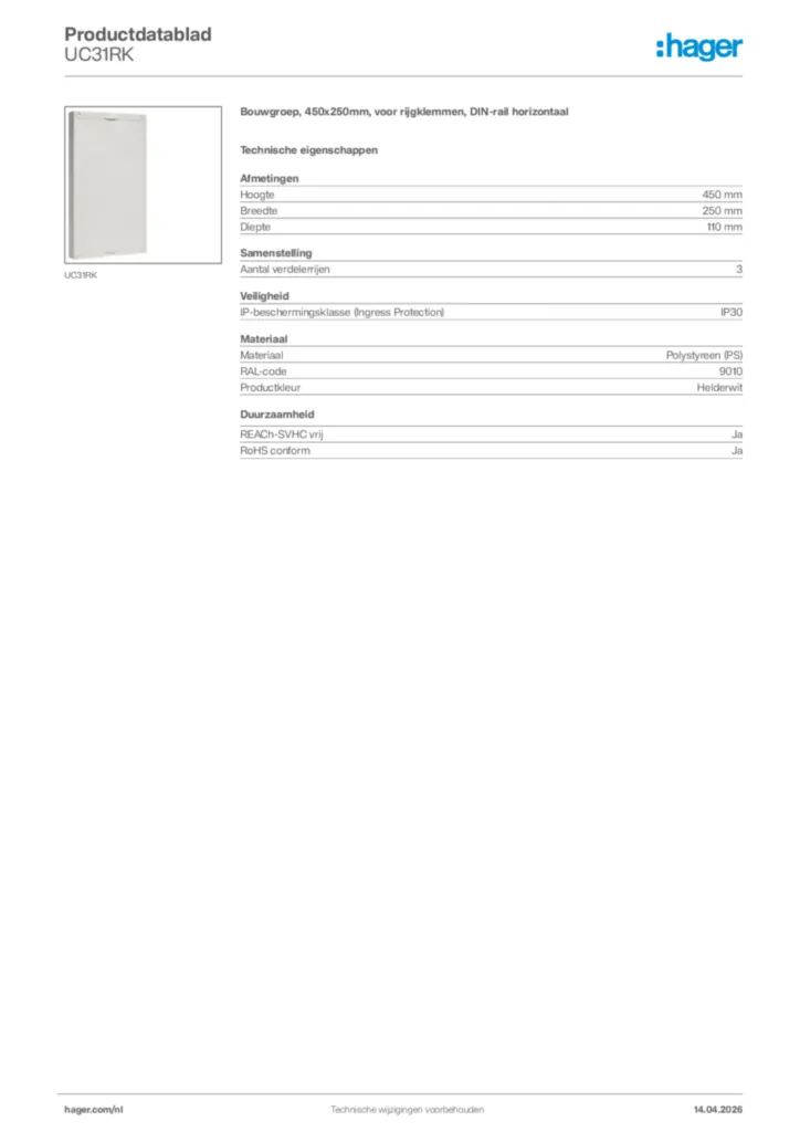 Afbeelding Hager Productdatablad UC31RK | Hager Nederland