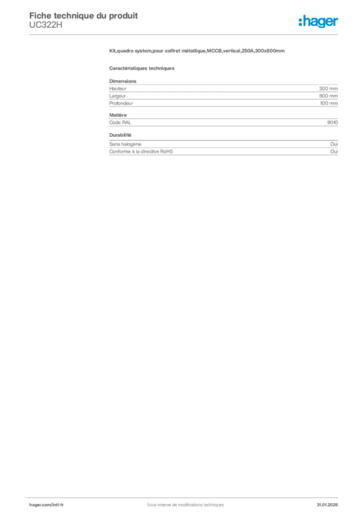 Image Hager Fiche technique du produit UC322H | Hager Afrique