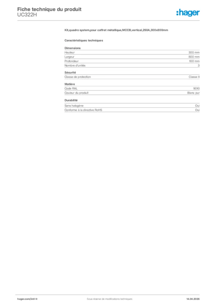 Image Hager Fiche technique du produit UC322H | Hager Afrique