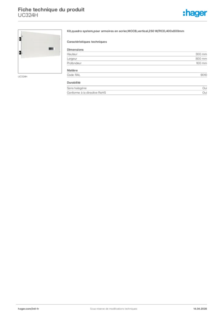 Image Hager Fiche technique du produit UC324H | Hager Afrique