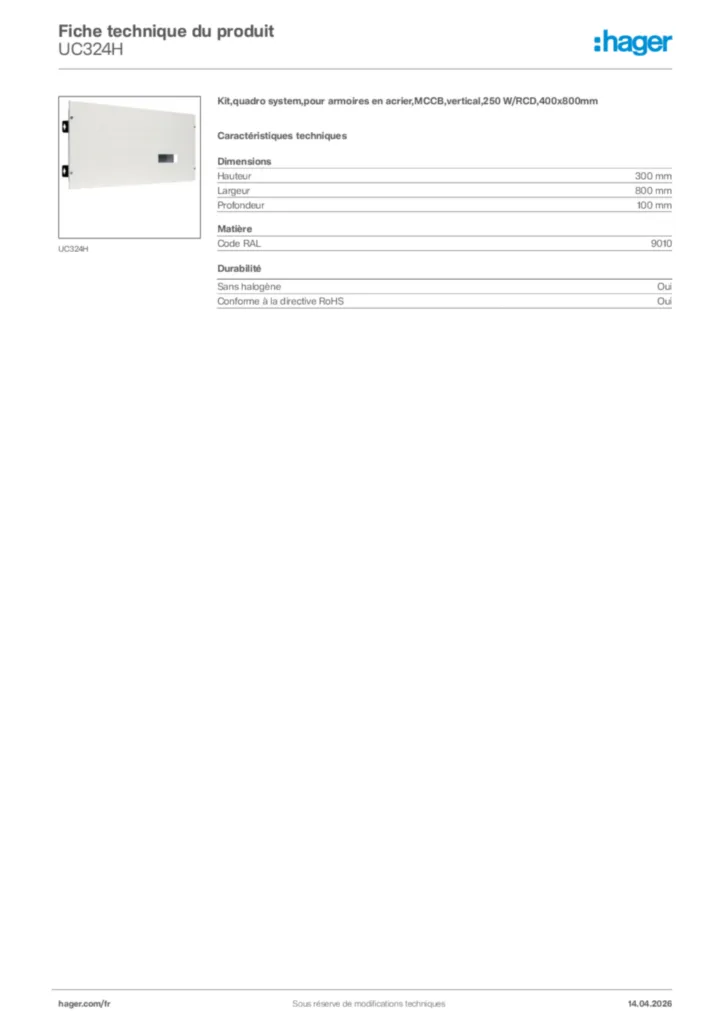 Image Hager Fiche technique du produit UC324H | Hager France
