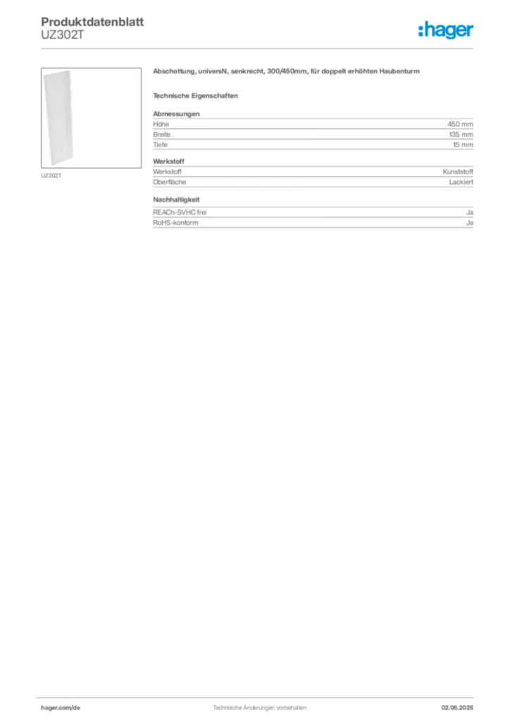Bild Hager Produktdatenblatt UZ302T | Hager Deutschland