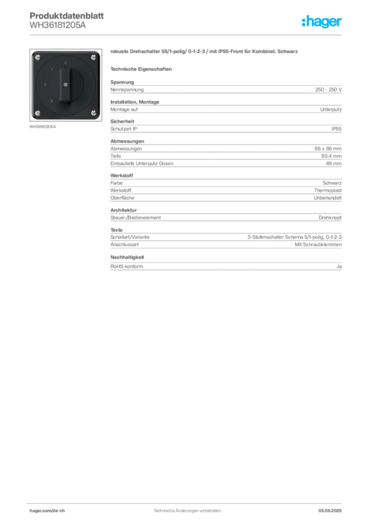 Bild Hager Produktdatenblatt WH36181205A | Hager Schweiz