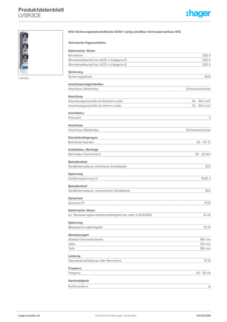 Bild Hager Produktdatenblatt LVSR3CE | Hager Schweiz