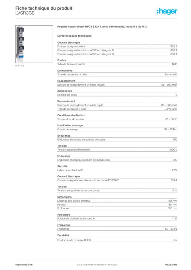 Image Hager Fiche technique du produit LVSR3CE | Hager Suisse
