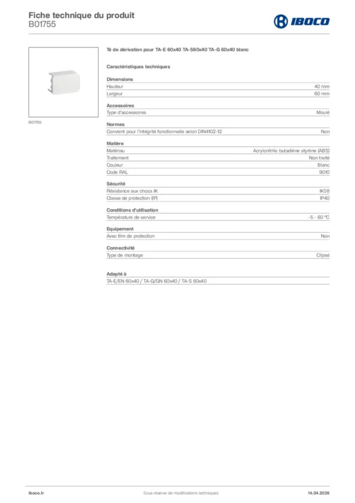 Image Iboco Fiche technique du produit B01755 | Hager France