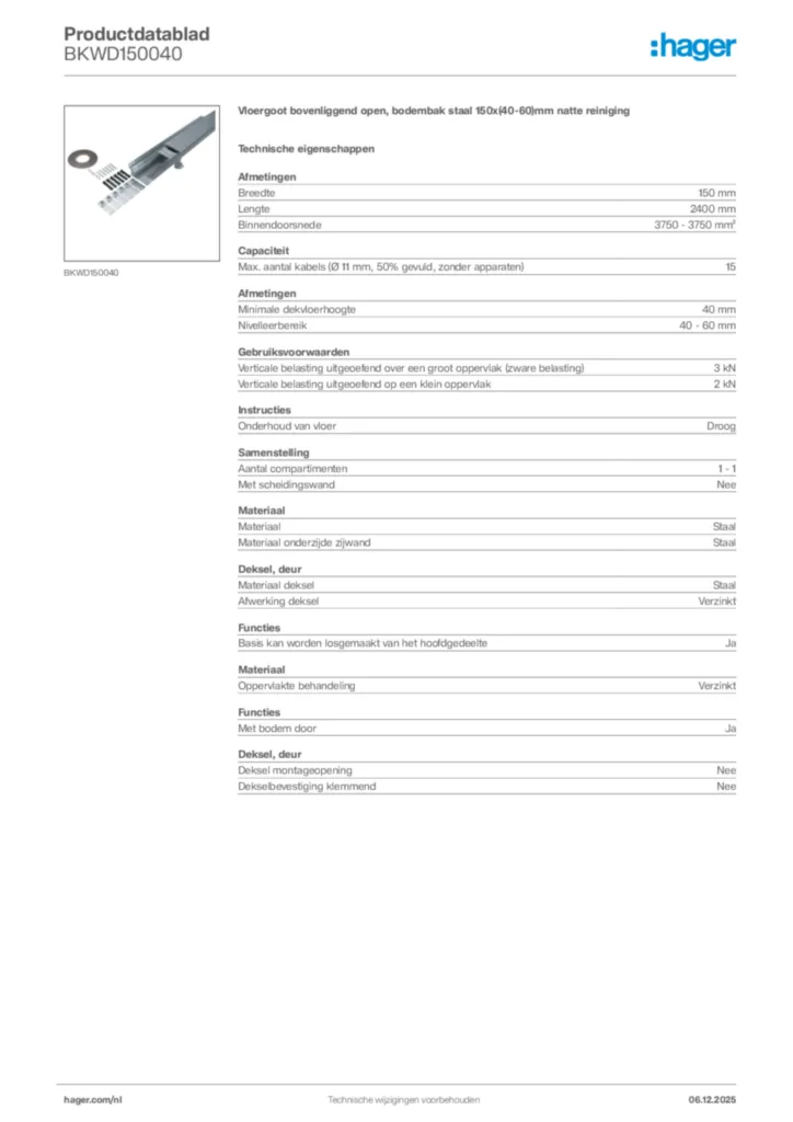 Afbeelding Hager Productdatablad BKWD150040 | Hager Nederland