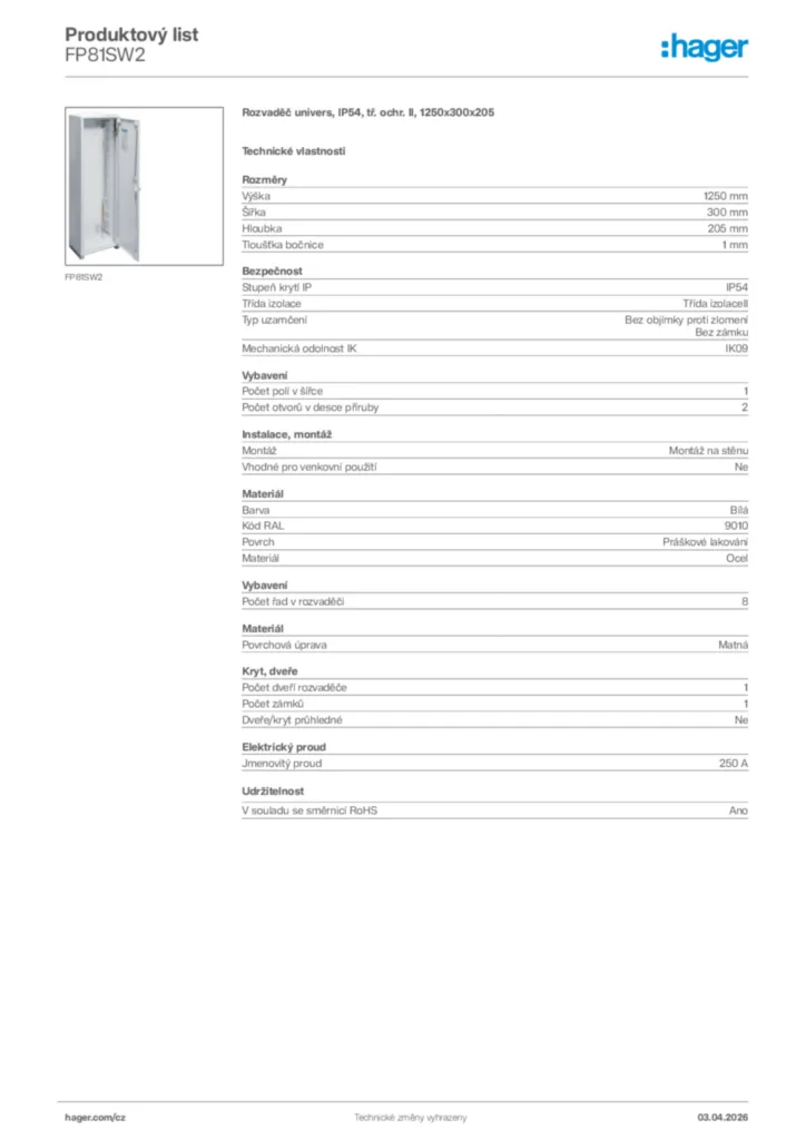 Obrázek Hager Product data sheet FP81SW2 | Hager